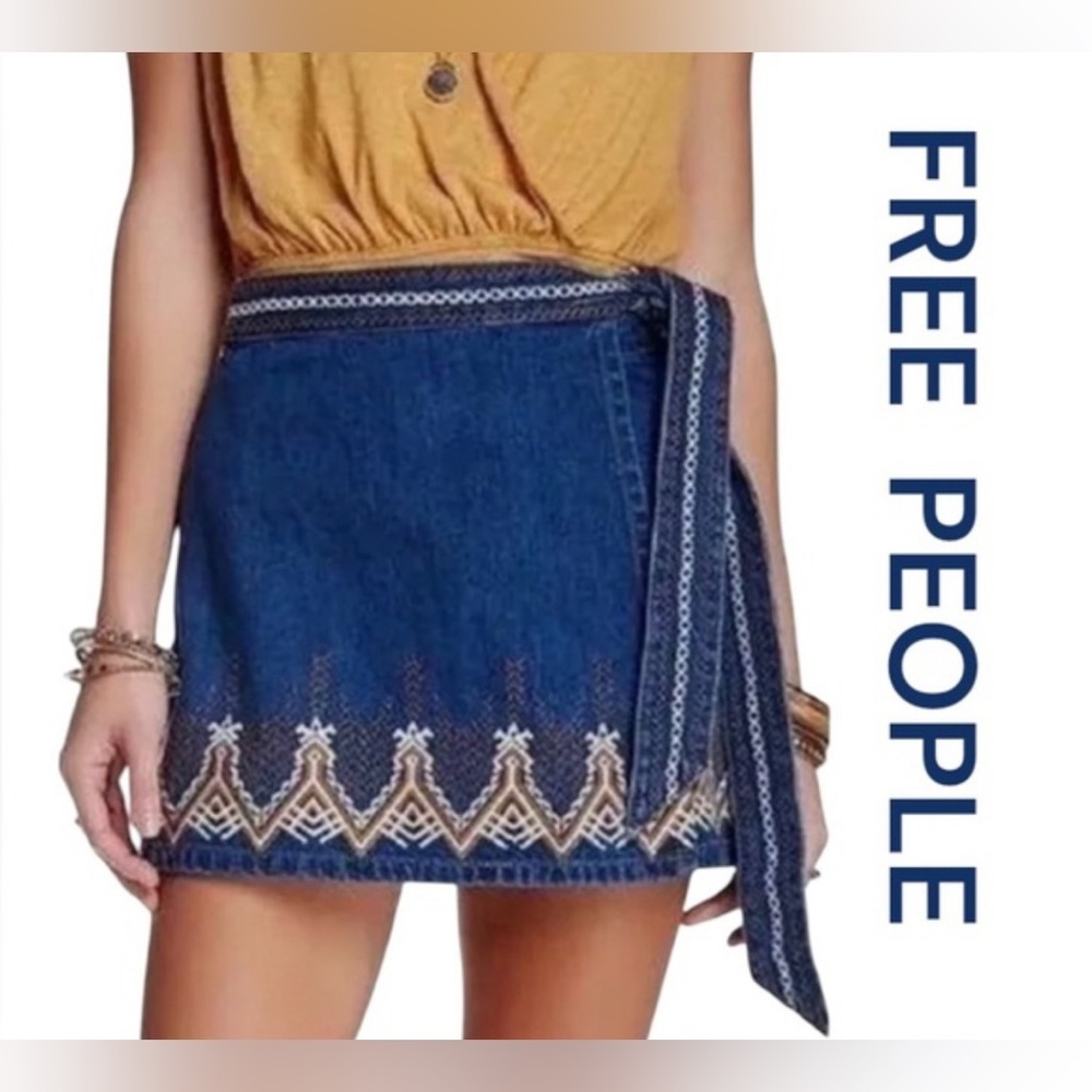 Free People Denim Blue Embroidered Mini Skirt